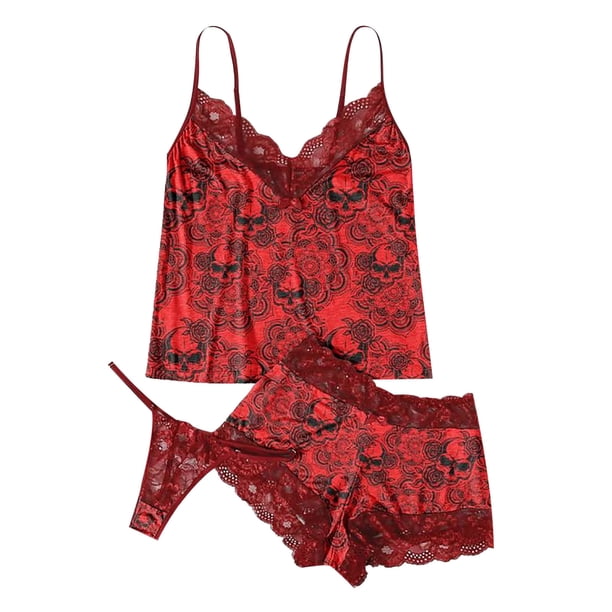Sujetador de lencería de encaje exquisito para mujer + Short + Briefs Set Skull Print Sleepwear Fridja nalpqowj42741