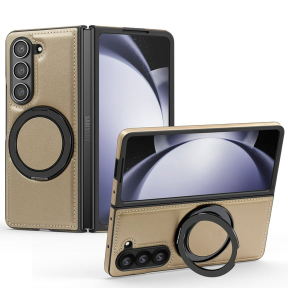 Allytechgroup Magnetic Case for Samsung Galaxy Z Fold 5, Ring Holder Kickstand Hybrid Compatible with Magsafe & Car Mount Anti-Scratch Phone Case Cover for Women Men, Desertgold