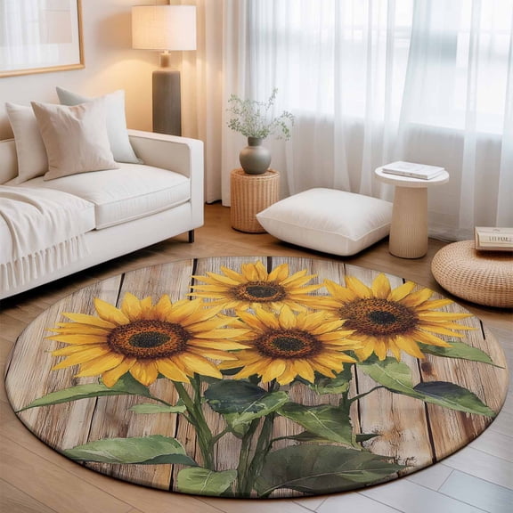 Round Area Rugs 3.3Ft, Vintage Sunflower Non-Slip Washable Circle Rugs Carpet, Farmhouse Wooden Botanical Flowers Indoor Outdoor Rug Floor Mats Throw Runner for Bedroom Living Room Bathroom