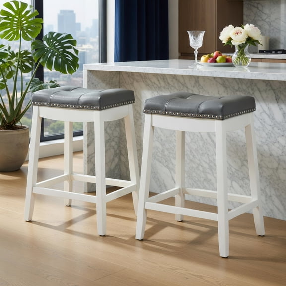 GVN Set of 2 24-Inch Height Backless Counter Stool with Footrest-White, Bar Height Stools, Counter Height Bar Stools for Kitchen, Dining Room