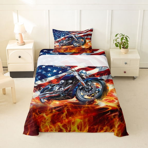 Manfei Cool Motocross Twin Sheets,Classic American Flag Bedding,Blue Red White,3pcs,1 Fitted Sheet and 1 Pillowcase