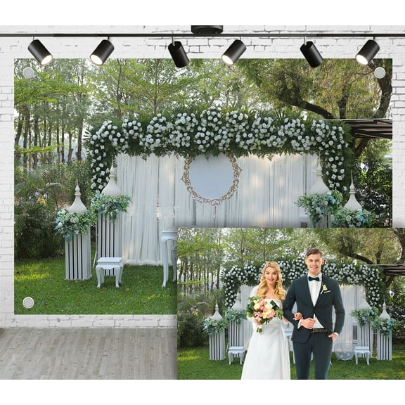 7x5ft Outdoor Wedding Backdrop, Flower Decoration White Veil Tables Chairs Lawn Trees Background for Wedding Photoshoot Birthday Party Reception Video Studio Props Polyester Fabric