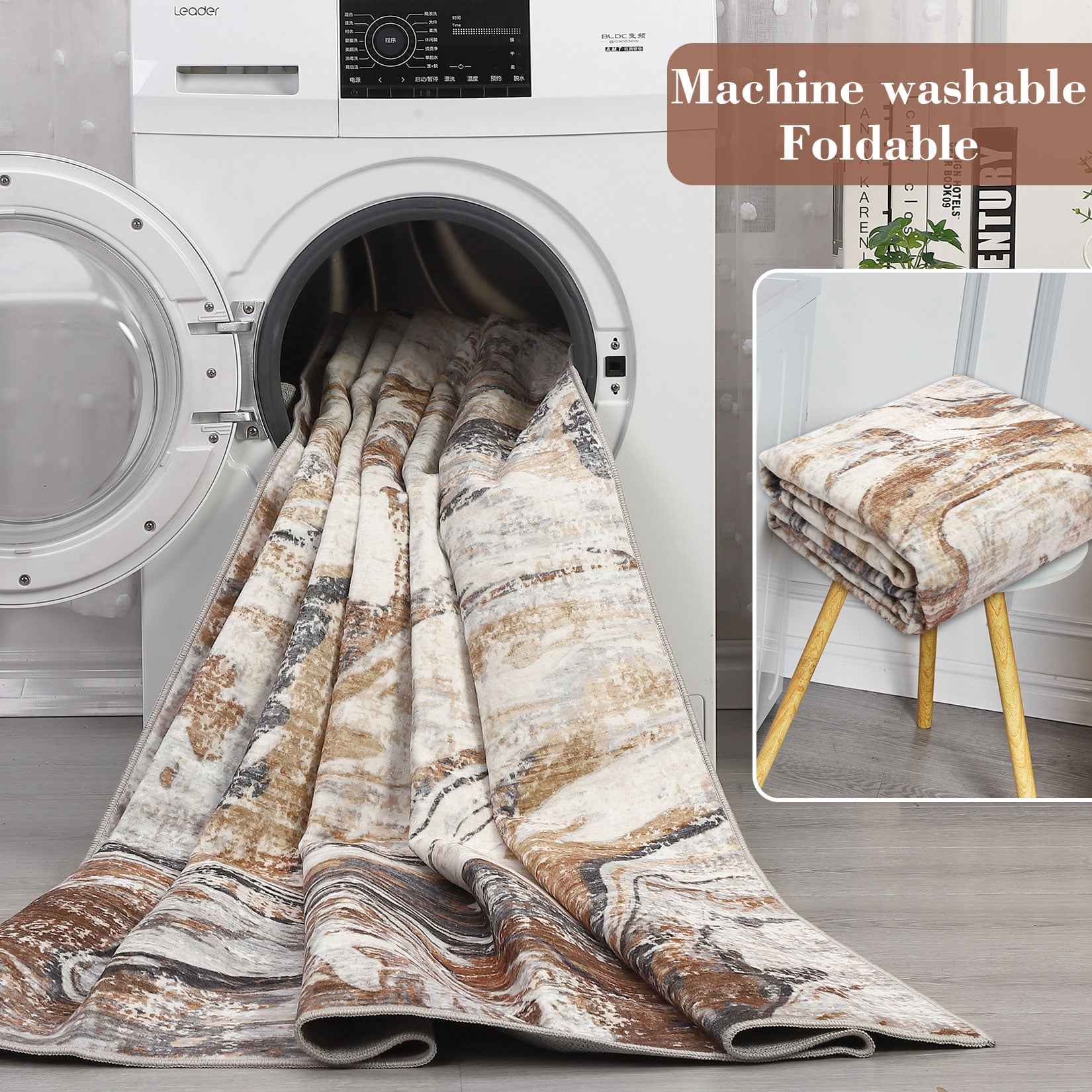 9'x12' Machine Washable Area Rug – Modern Marble Abstract Low Pile Non-Slip Living Room Carpet