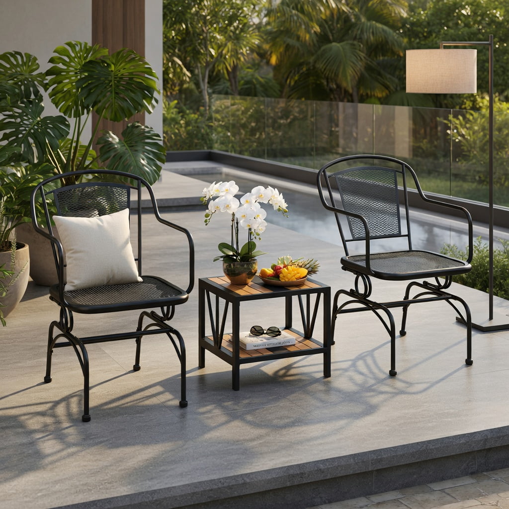 Hommoo 2-Piece Outdoor Rocking Chair Set, Powder-Coated Metal Patio Rockers with Breathable Mesh Back & Seat, Modern Yard Chairs for Deck, Porch or Garden, Black