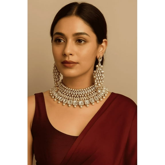 White Kundan & Pearl Choker Necklace Set with Long Earrings – Bridal & Party Wear