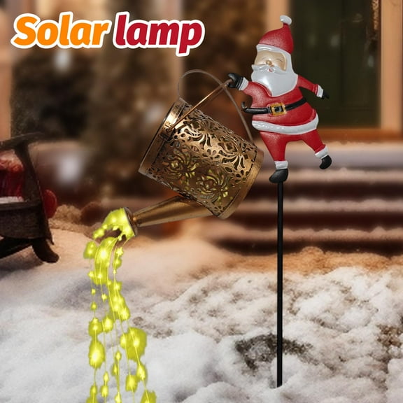 Solar Lights Outdoor Warm White Santa Watering Can Decor, LED Waterproof Hanging Christmas Yard Art for Lawn Patio Pathway