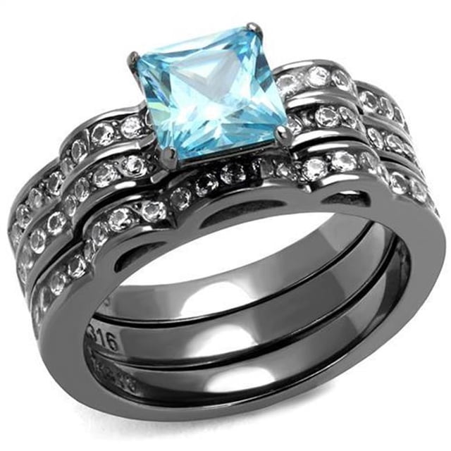 Alamode TK2748-9 Femmes IP Light Noir Bague en Acier Inoxydable avec AAA Grade CZ en Bleu Marine - Taille 9