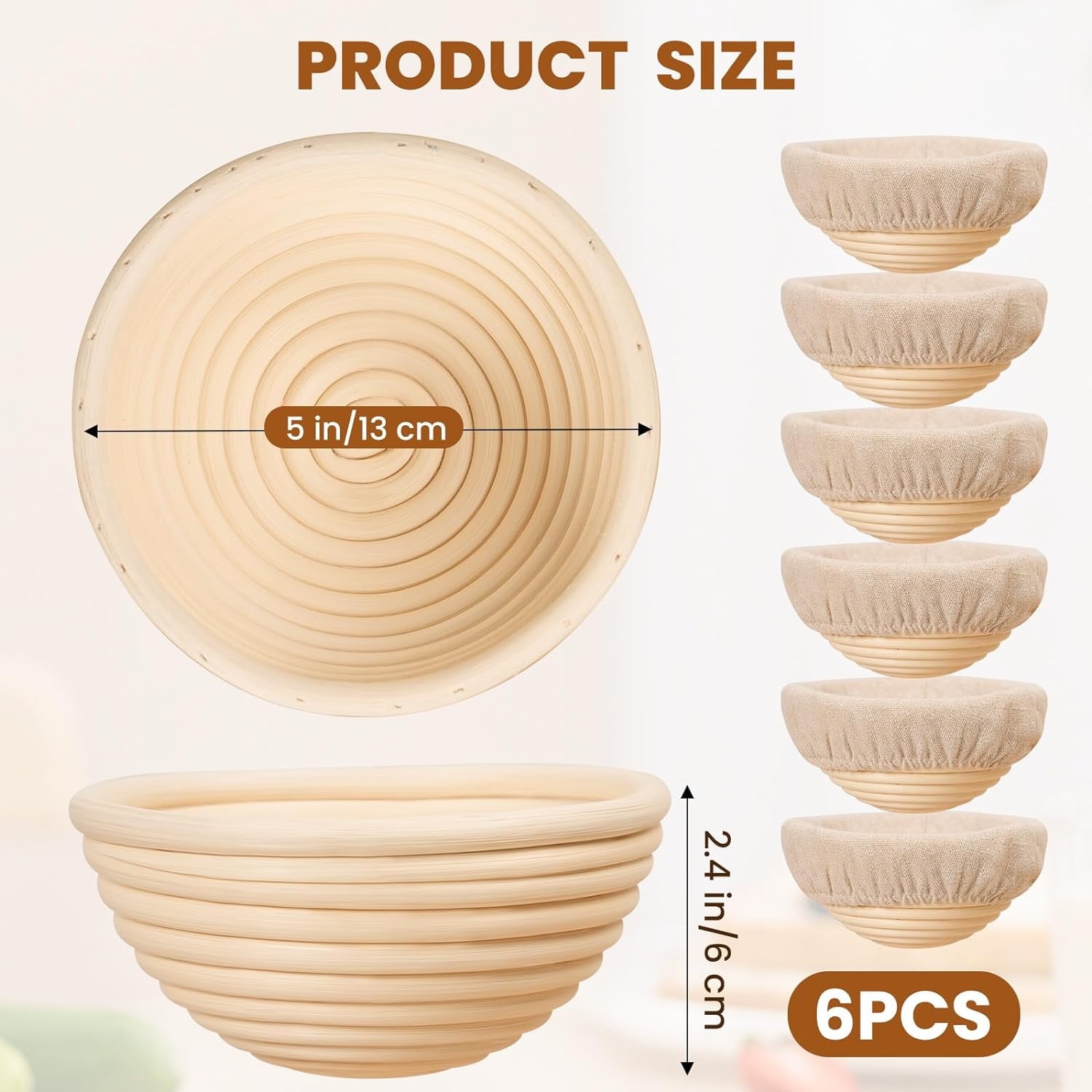 Bexikou 5 Inch Banneton Bread Proofing Basket Set of 6,Mini Sourdough Bread Baking Supplies,Small Banneton Basket Proofing Baskets for Sourdough Bread Baking