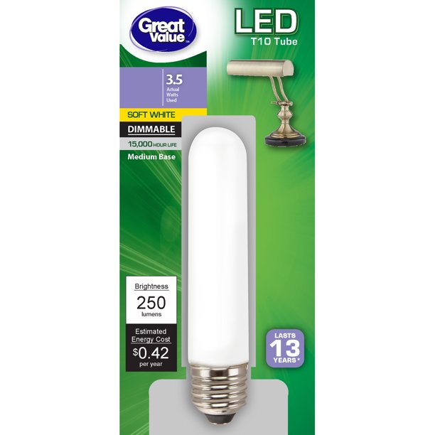 Great Value LED Light Bulb, 3.5 Watts (25W Equivalent) T10 Frosted Tube