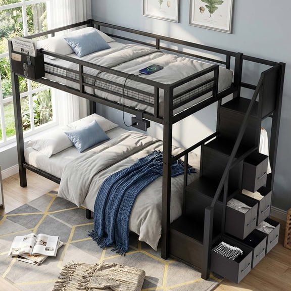 Miniyam Twin over Twin Bunk Bed with Storage Stairs and 6 Drawers, Black