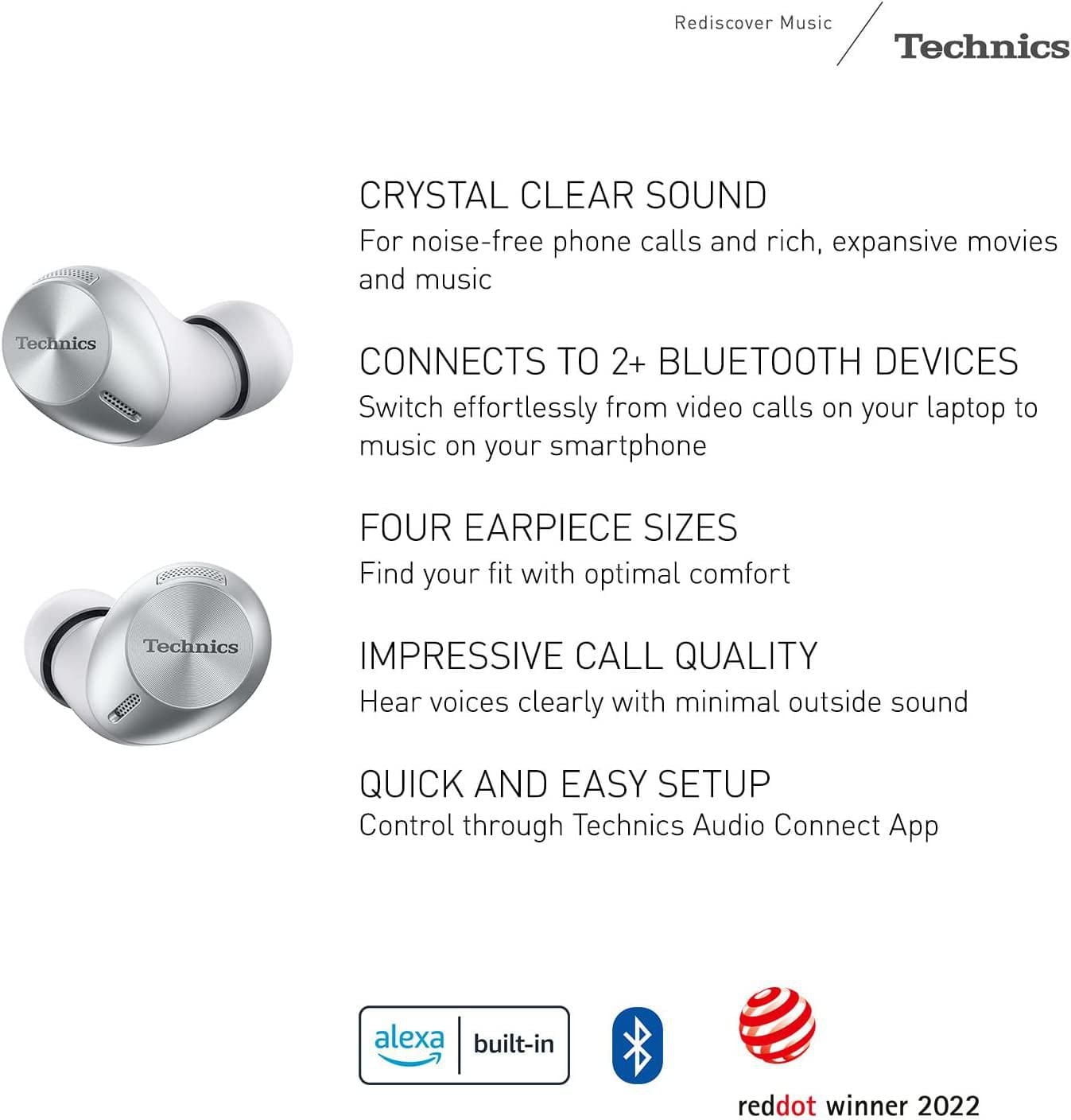 Technics EAHAZ40PK True Wireless Earbuds with 4 Silicone Earpiece Sizes, Black, Earpieces Set: XS, S, M, L