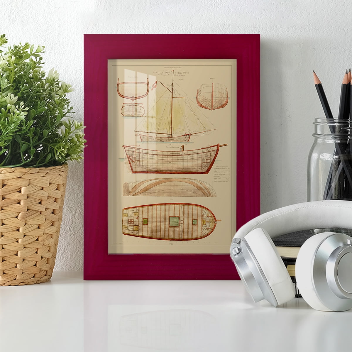 Antique Ship Plan III -Framed Print w/glass-Cherry Red