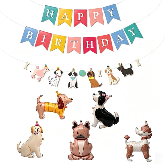 5PCS Dog Balloons & Dog-Themed Birthday Banner Set, Puppy Foil Mylar Balloons with Colorful Happy Birthday Backdrop, Pet Party Decorations