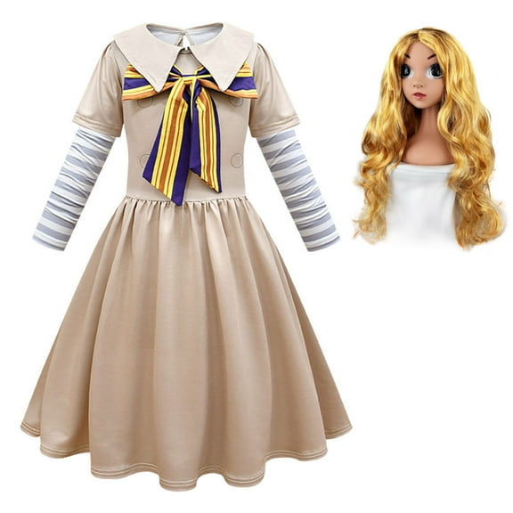 Girls M3gan Costume Uniform Dress Halloween Outfits with Bow and Gold Wigs, Size for 4-12 year