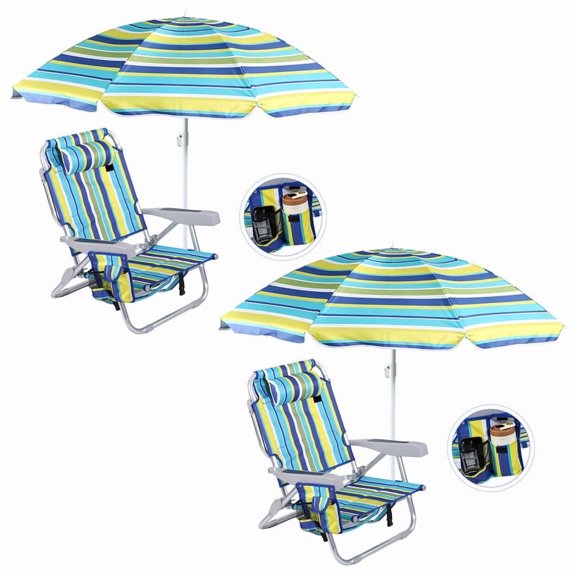 Beach Chair with Built-in Umbrella & Cooler, Backpack Striped High Back Sand Chair for Adults, Heavy Duty Portable Outdoor Chair with Cup Holder