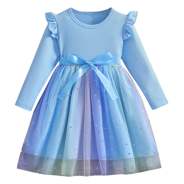Odeerbi Niñas Lentejuelas Vestido Tul Arco Iris Primavera Otoño Vestido Manga Larga Lazo Cuello Redondo Malla Splicing