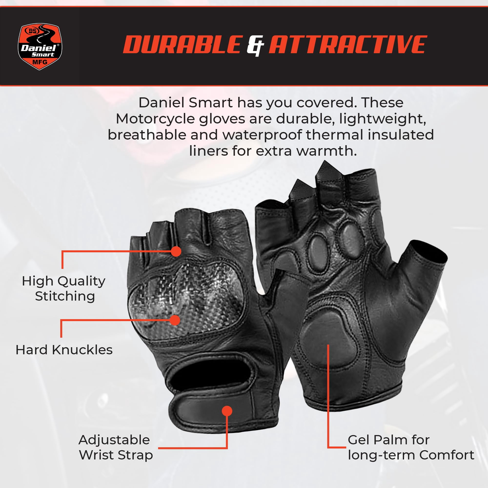 Daniel Smart Cowhide Leather Gloves – Fingerless Men Motorcycle Gloves with Gel Palm and Hard Knuckles