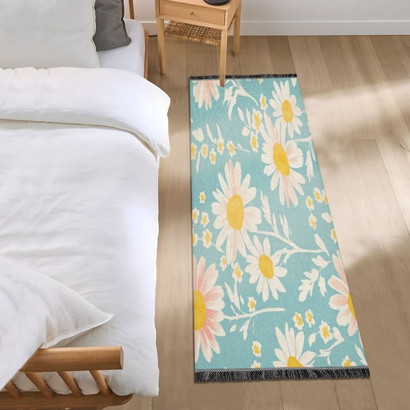 Bed Long Carpet Bed Rug 72x23.5In Indoor Non-Slip Durable Carpet Floor Mat Runner Rug Bedroom Hallway Carpet Machine Washable Cool Cartoon Cute Flowers