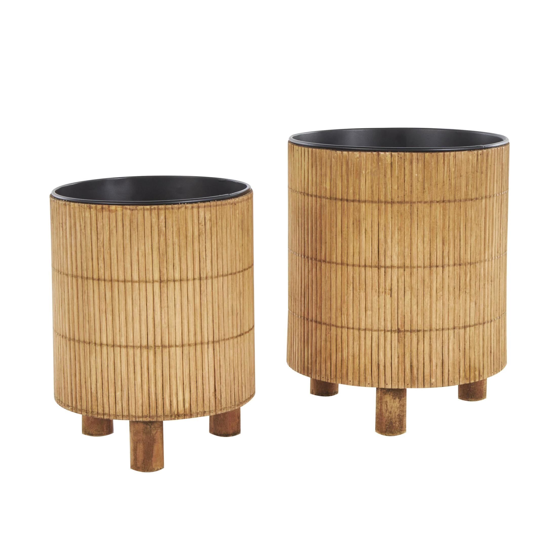 DecMode 9", 8"H Handmade Brown Bamboo Wood Planter with Black Metal Interior (2 Count)