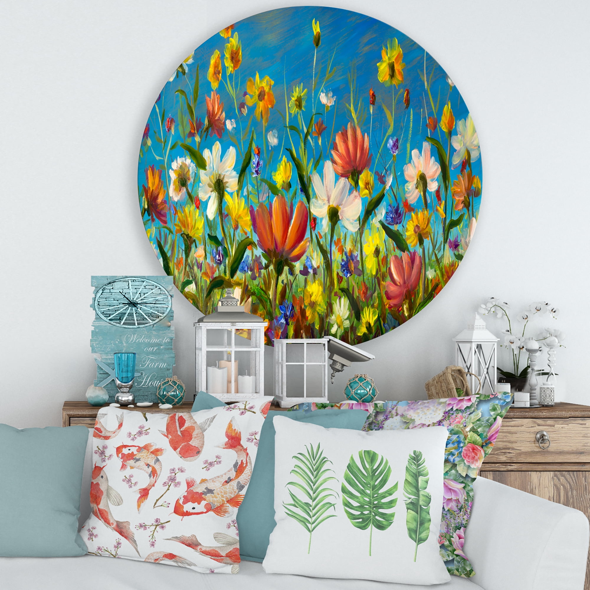 Designart 'Beautiful Field Flowers In Nature' Traditional Circle Metal Wall Art 29x29 - Disc of 29