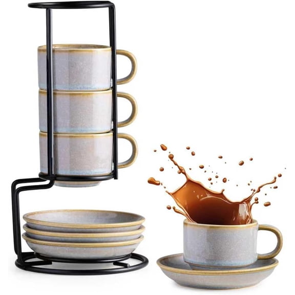 2.5 Ounce Espresso Cups Set of 4, Small Stackable Coffee Cups with Saucers and Metal Stand, Valentine Porcelain Demitasse Cups for Specialty Coffee Drinks, Espresso, Cappuccino, Latte, Gray
