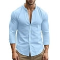 thumbnail image 4 of USNSM Mens Long Sleeve Shirts Casual Button Down Shirt Solid Color Band Collar Slim Fit Cotton Dress Shirts Blue XXXL, 4 of 9