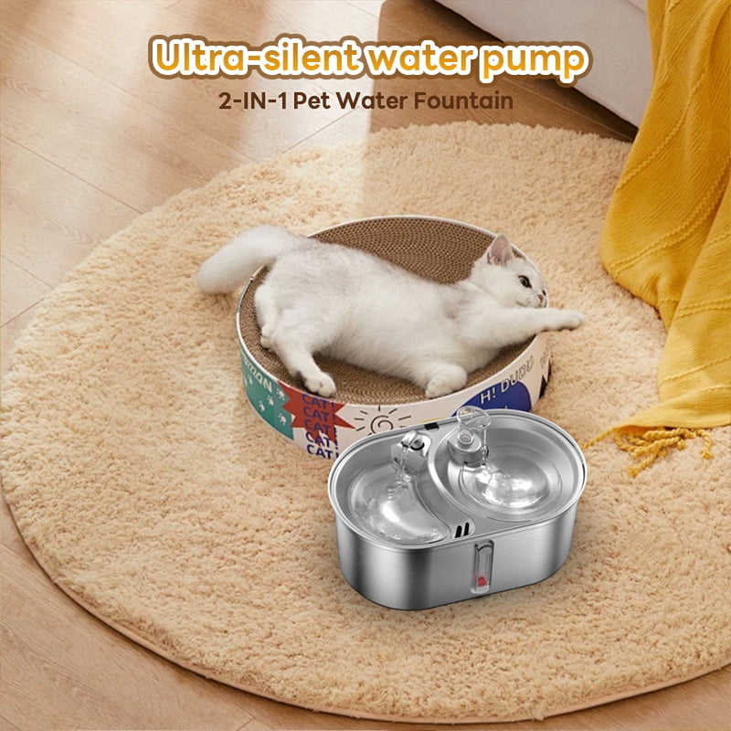 Cat Water Fountain Food Bowl Stainless Steel 2 in 1, 101oz/3L Automatic Pet Water Fountain, Dog Water Dispenser with Smart Pump 2 Filters for Cats, Dogs, Multiple Pets