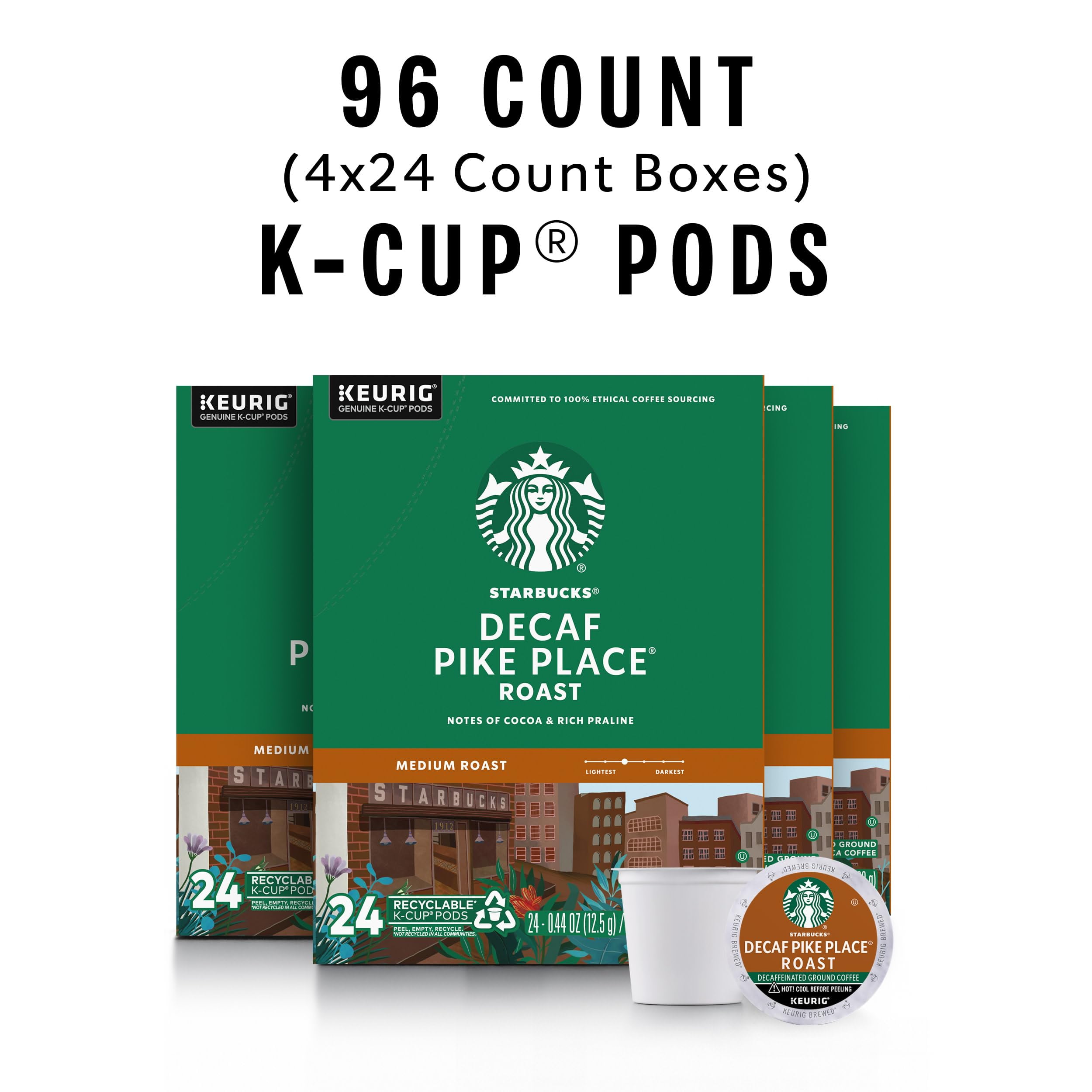 Starbucks K-Cup Coffee Pods, Medium Roast Coffee, Decaf Pike Place Roast, 100% Arabica, 4 boxes (96 pods total)