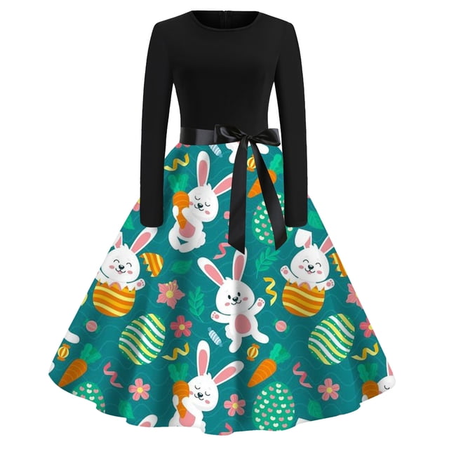 WILLBEST Robe de Maternité de Mariage pour Femmes, Imprimé de Pâques, Manches Longues, Robe Maxi Ceinturée, Robe Décontractée Fluide pour les Fêtes avec Taille à Nouer