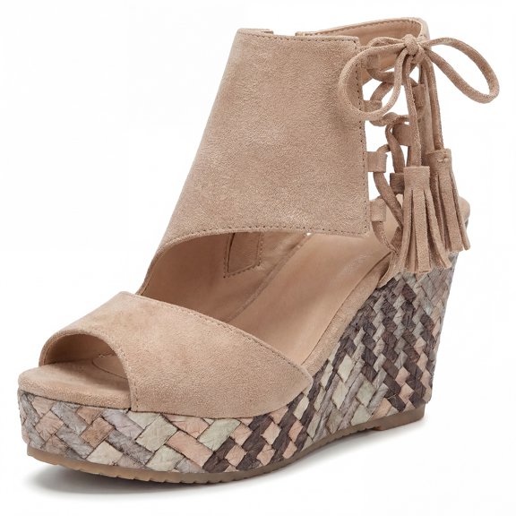 BLISSFUL STEP Women's Plaid Side Zipper Lace-Up Peep-toe Platform Sandals Khaki 5