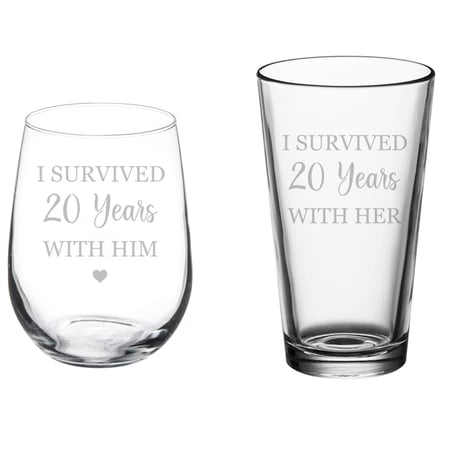 Set of 2 Glasses Stemless WINE & Beer PINT Glass Gift I Survived 20 Years 20th Anniversary