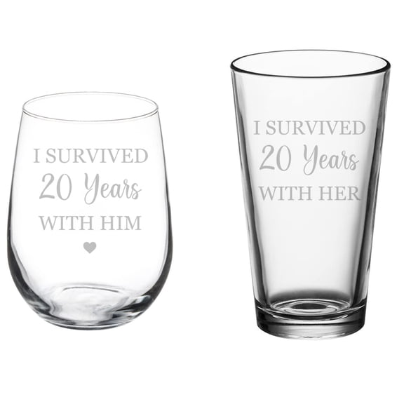 Set of 2 Glasses Stemless WINE & Beer PINT Glass Gift I Survived 20 Years 20th Anniversary