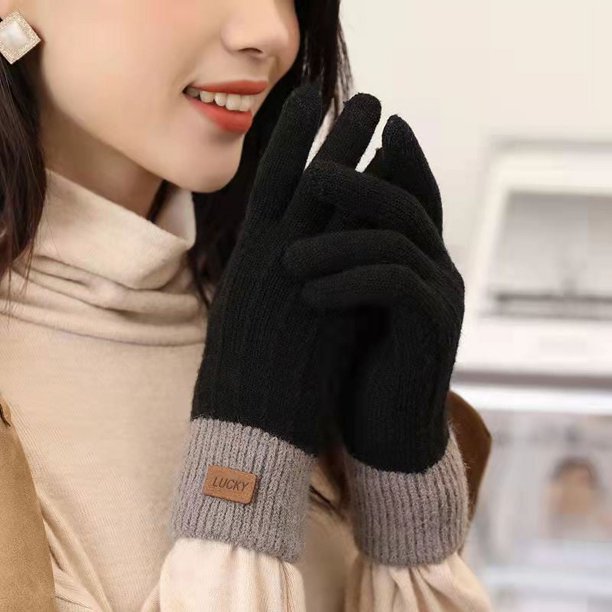 Guantes de pantalla táctil para mujer, de invierno, bonitos, de estilo coreano, de terciopelo, de punto grueso, de lana, con cinco dedos, para ciclismo, cálidos y resistentes al frío, para estudiantes