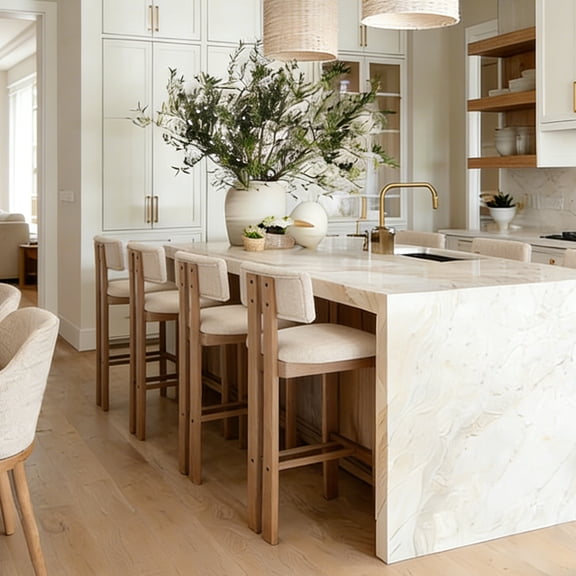 Guyou Modern Bar Stools Set of 4, 30 Inch Counter Height Bar Stools with Curved Backrest, Linen Upholstered Counter Stools, Wooden Kitchen Island Chairs for Kitchen Bar Cafe, Beige