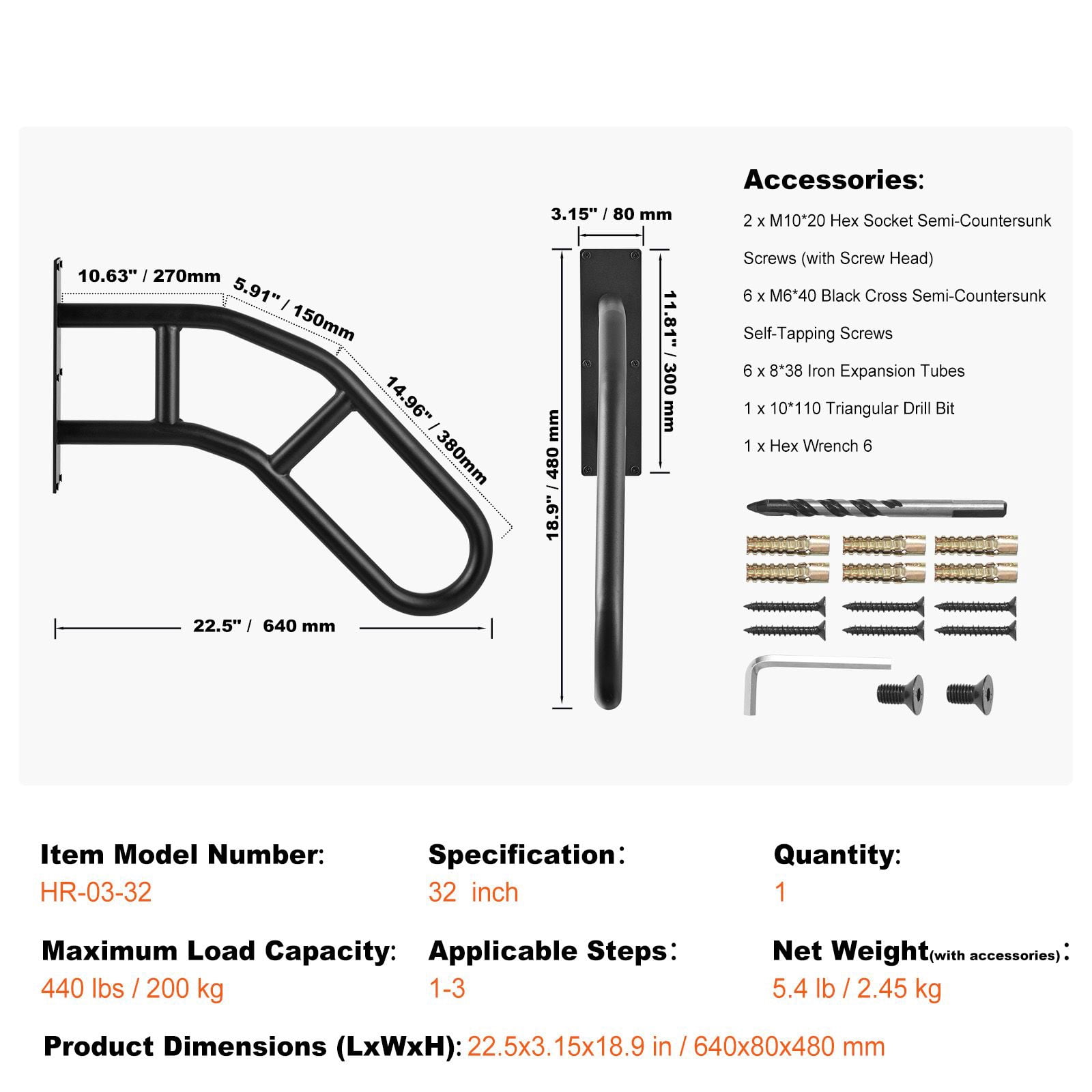 Wall-Mounted Handrail 32" with 440 lbs Capacity, Carbon Steel, Metal Expansion Tubes, Double Connection Rods, for Stairs Garage Garden