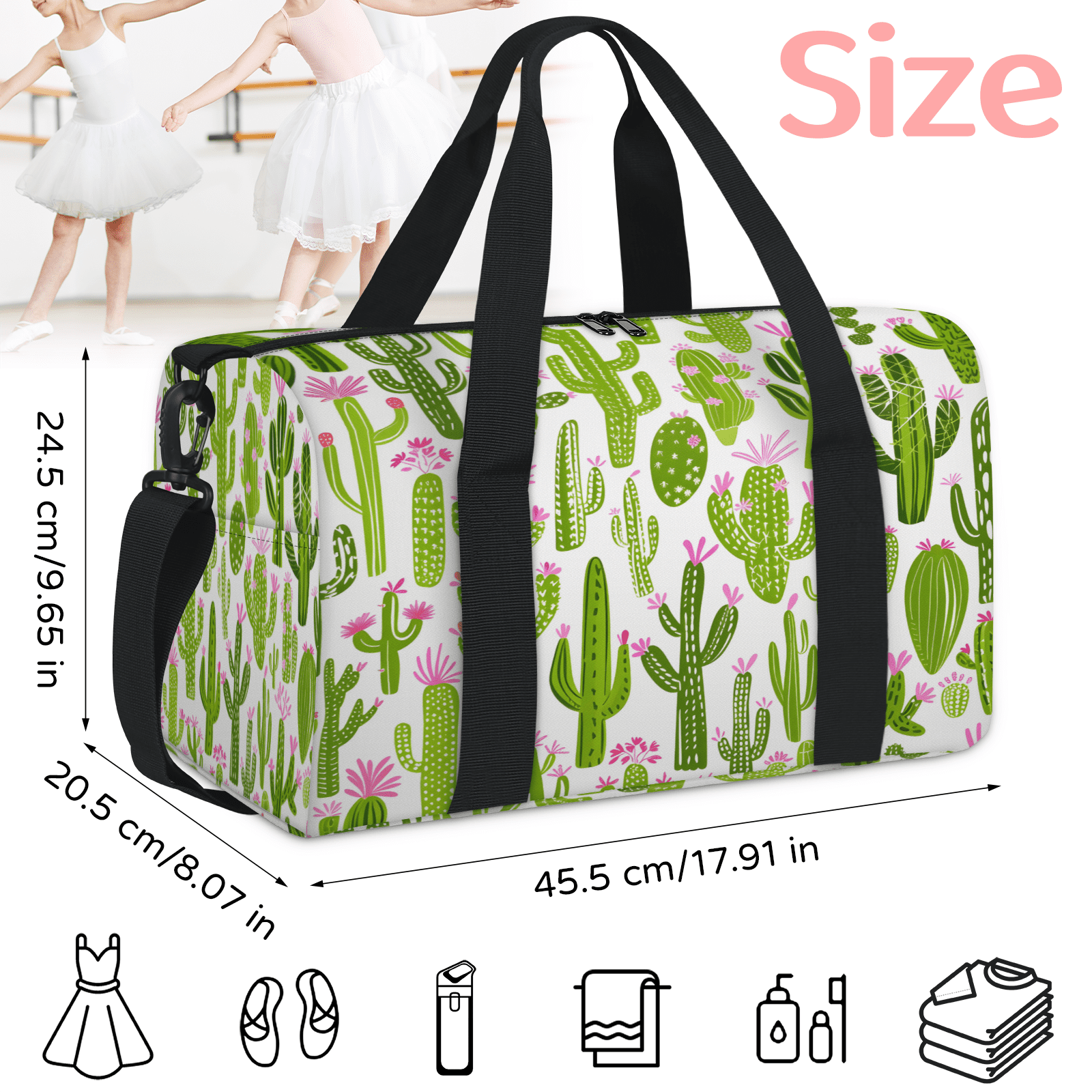 Herdesigns Cactus Travel Duffle Bag Sports Yoga Weekender Overnight Carry on Workout Bags Lightweight Waterproof Gym Tote Bag for Women