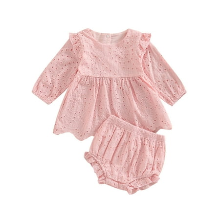 

Carolilly Baby Girls Summer Clothes Set Solid Color Cutout Long Sleeve T-shirt Tops + Elastic Casual Ruffle Shorts 3M-2Y