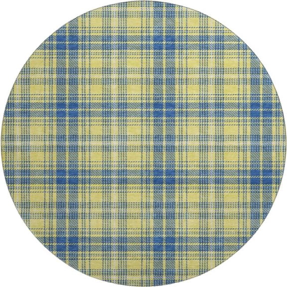 HomeRoots 678266 8 ft. Yellow, Ivory & Blue Plaid Washable Round Area Rug with UV Protection