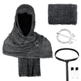 thumbnail image 2 of Medieval Distressed Hooded Shawl, Distressed Medieval Hooded Shawl Accessory Kit,Crinkled Renaissance Cosplay Head Wrap With Viking Pin Leather Belt for Halloween Larp Warrior Costume, Black One Size, 2 of 4