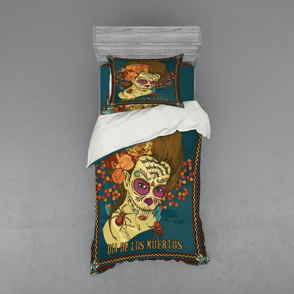 Ambesonne Colorful Bedding Set 3 Pcs, Girl Roses Hearts, Twin, Petrol Blue Caramel