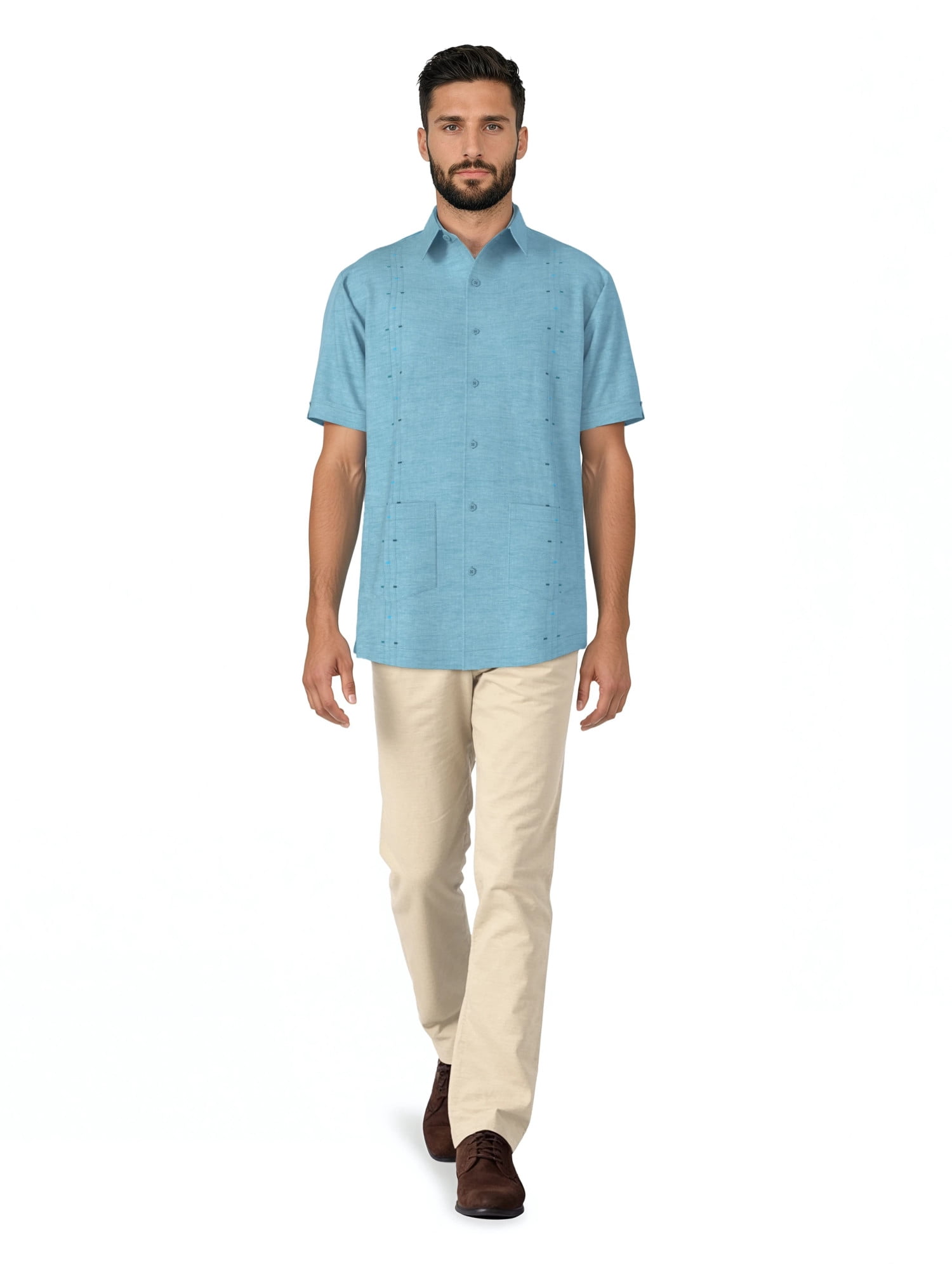 Havanera Men's and Big Men's Tucks and Embroidered Panels Short Sleeve Cotton Linen Button-Down Shirt with Pockets, Sizes S-5XL