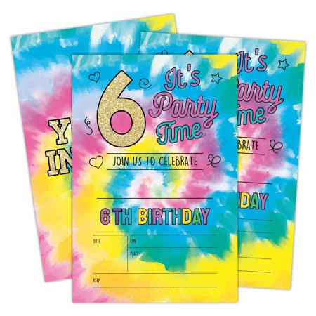 Vibrant Tie Dye Birthday Invitation Set for Kids, Double-Sided Party Cards with Envelopes, Perfect for 6th Birthday Celebrations, Fun and Colorful Party Supplies, 20 Count