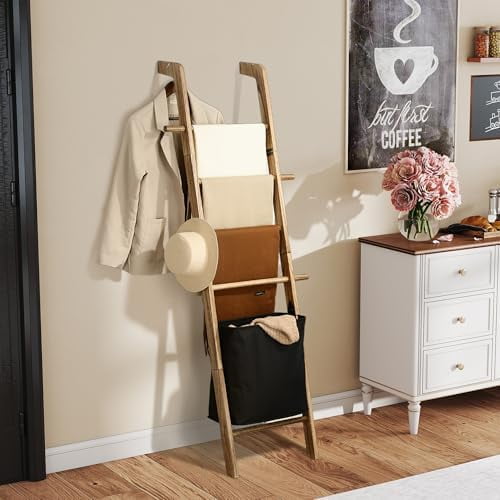 67-Inch Farmhouse Blanket Ladder - Rustic Wood w/ Basket, Holds Blankets/Quilts/Towels, Sturdy Wall-Leaning Decor (Bedroom/Living Room) | Home Decor