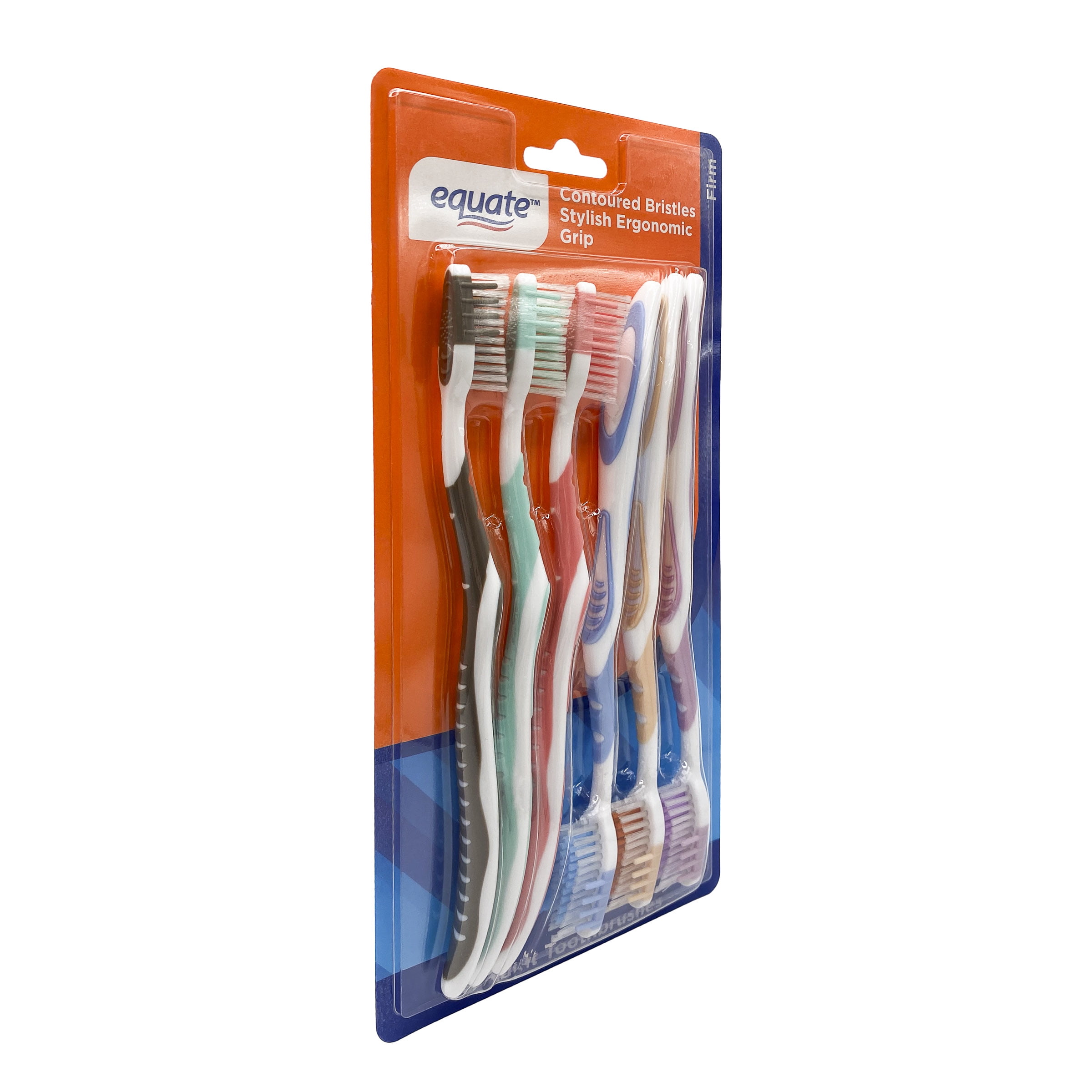 Equate Manual Toothbrushes with Contoured Bristles and Ergonomic Grip, Firm, 6 Count