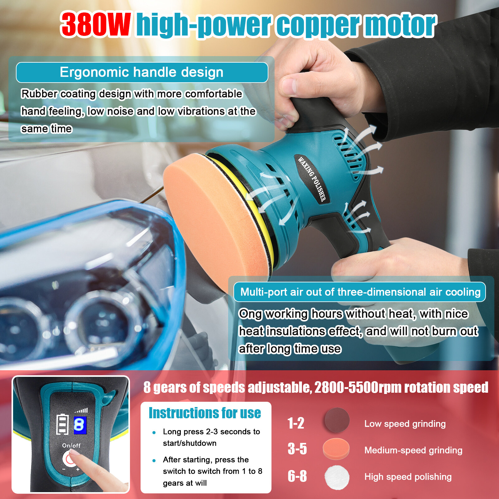 Cordless Eccentric Car Polisher 8 Gears of Speeds Adjustable Electric Auto Polishing Machine Multifunctional Metal Waxing Wood Grinding Rust Removal Machine