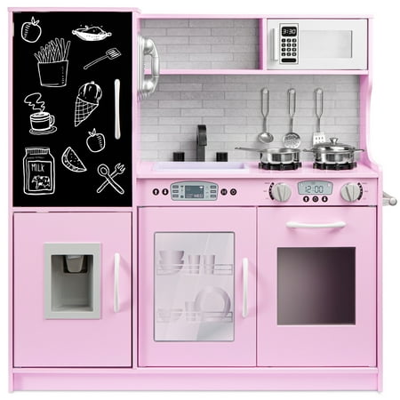best choice products pretend play kitchen wooden toy set for kids w/ telephone utensils oven microwave - pink