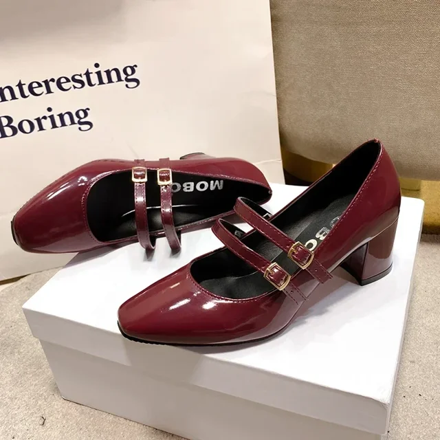 2024 primavera otoño mujeres doble hebilla zapatos Mary Jane vestido de charol cabeza cuadrada tacón cuadrado Color sólido zapatos de mujer