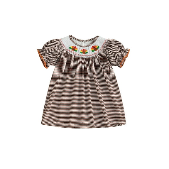 BemeyourBBs Girls Thanksgiving Dress Short Sleeve Turkey Embroidery Striped Dress