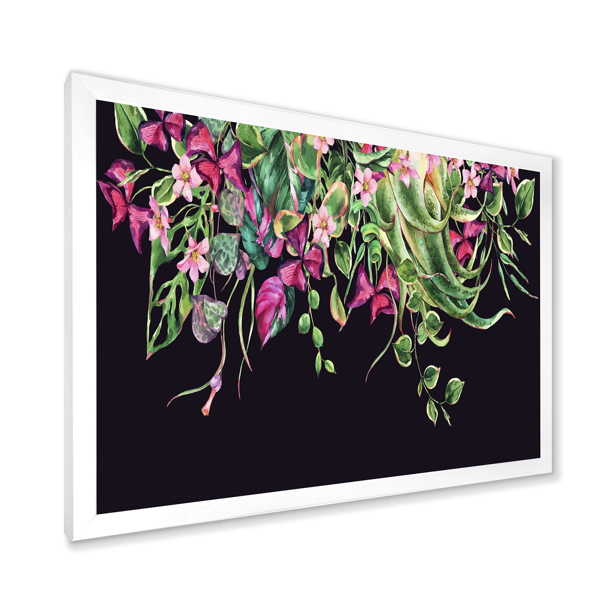 Designart 'Floral Tropical Leaves On Black Background' Farmhouse Framed Art Print