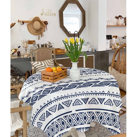 Blue Boho Stripes Tablecloth Square Table Cloth 54x54, Waterproof Tablecloth Outdoor Table Cloth, Minimalist Geometric Tribal Ethnic Washable Table Cover for Kitchen Dining Party